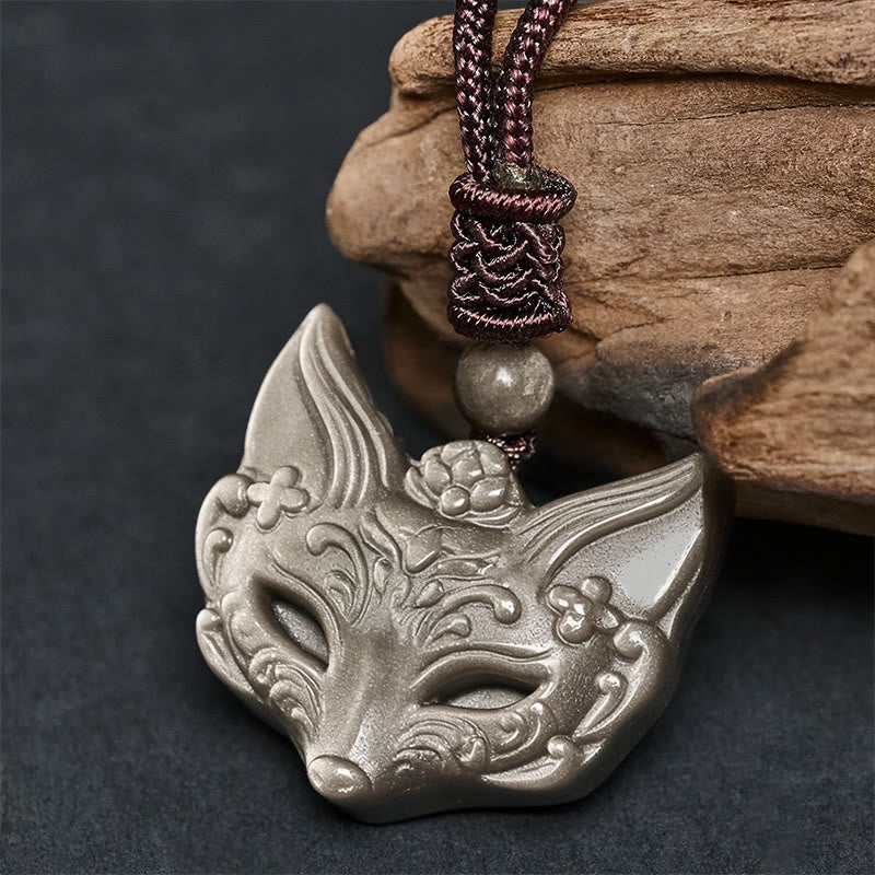 Buddha Stones Relief Fox Design Silver Sheen Obsidian Ice Obsidian Protection Necklace Pendant - Silver Sheen Obsidian(Pendant Size: 29*31mm) - image 0