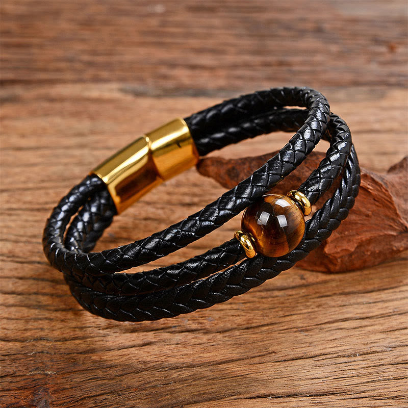 Buddha Stones Multicolored Bead Amethyst Lazurite Craved Six True Words Braided Leather Balance Bracelet - Tiger Eye - 18-22cm - image 19