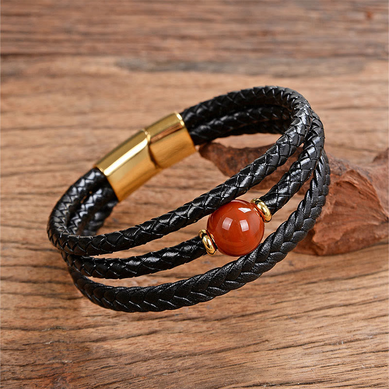 Buddha Stones Multicolored Bead Amethyst Lazurite Craved Six True Words Braided Leather Balance Bracelet - Red Agate - 18-22cm - image 16