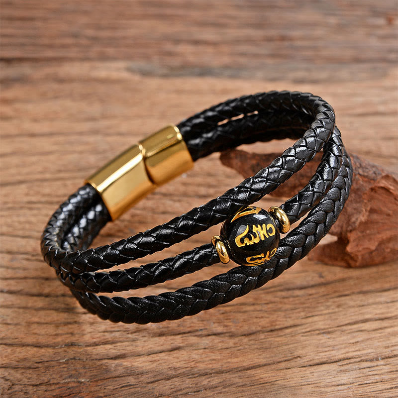 Buddha Stones Multicolored Bead Amethyst Lazurite Craved Six True Words Braided Leather Balance Bracelet - Black Onyx&Om Mani Padme Hum - 18-22cm - image 9