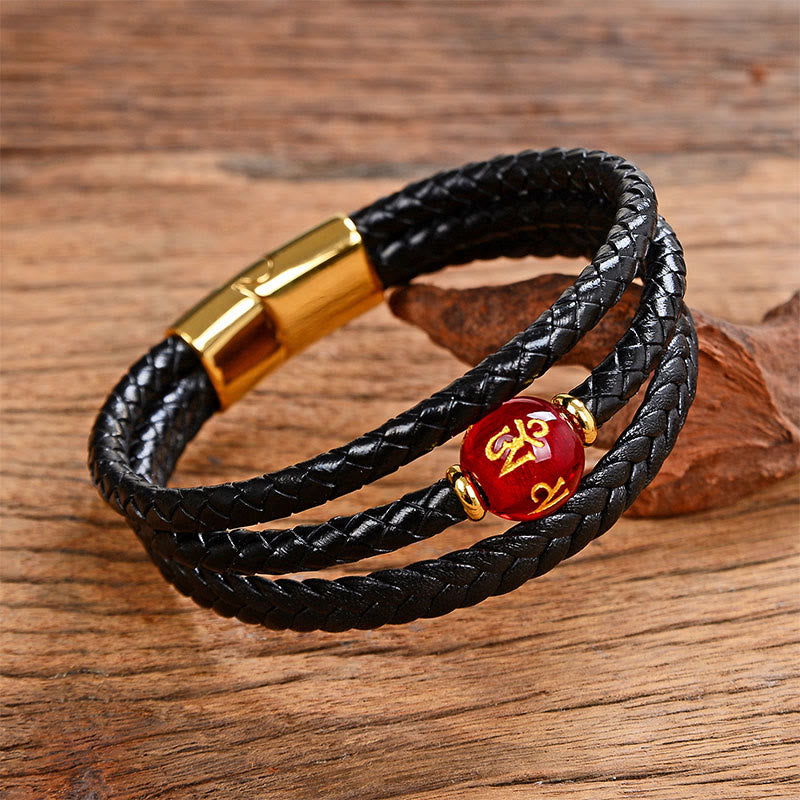 Buddha Stones Multicolored Bead Amethyst Lazurite Craved Six True Words Braided Leather Balance Bracelet - Red Liuli&Om Mani Padme Hum - 18-22cm - image 8