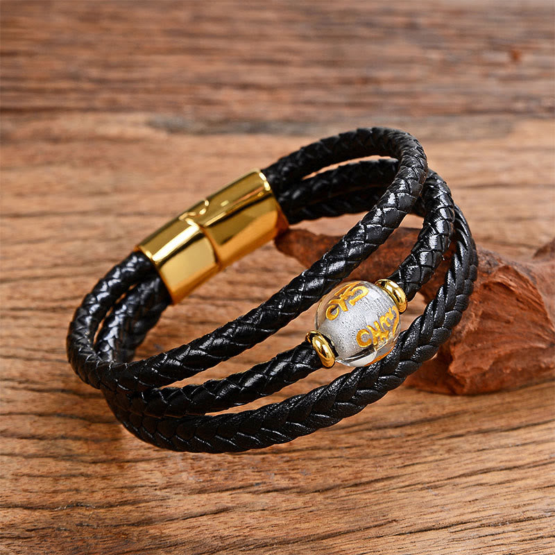 Buddha Stones Multicolored Bead Amethyst Lazurite Craved Six True Words Braided Leather Balance Bracelet - White Liuli&Om Mani Padme Hum - 18-22cm - image 6