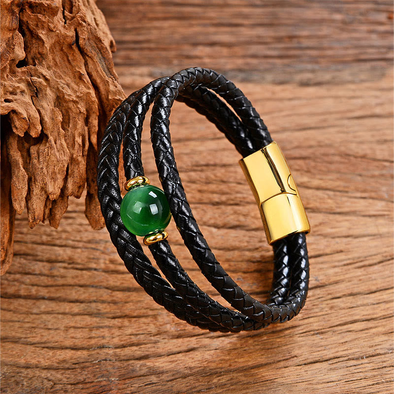 Buddha Stones Multicolored Bead Amethyst Lazurite Craved Six True Words Braided Leather Balance Bracelet - Green Tiger's Eye - 18-22cm - image 0