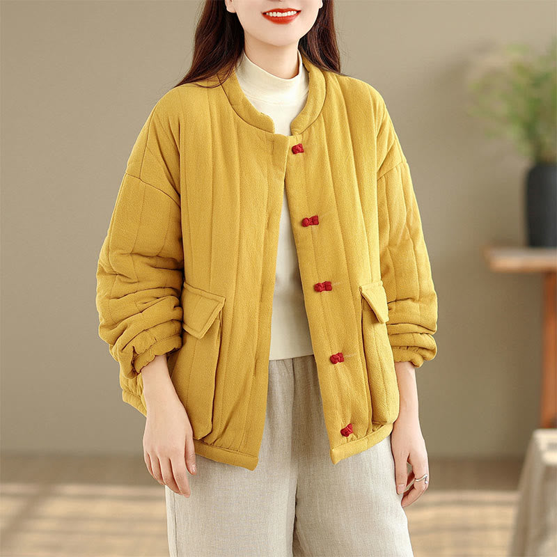 Buddha Stones Frog-Button Striped Design Long Sleeve Thickened Cotton Women's Jacket With Pockets - image 8