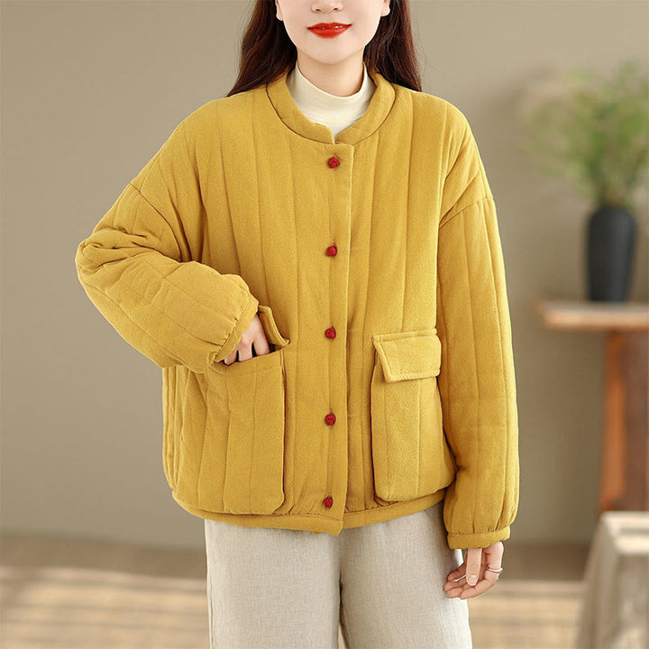 Buddha Stones Frog-Button Striped Design Long Sleeve Thickened Cotton Women's Jacket With Pockets - image 9