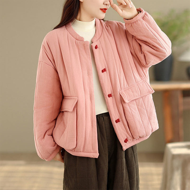 Buddha Stones Frog-Button Striped Design Long Sleeve Thickened Cotton Women's Jacket With Pockets - Pink - US12，UK/AU16，EU44 (2XL) - image 0