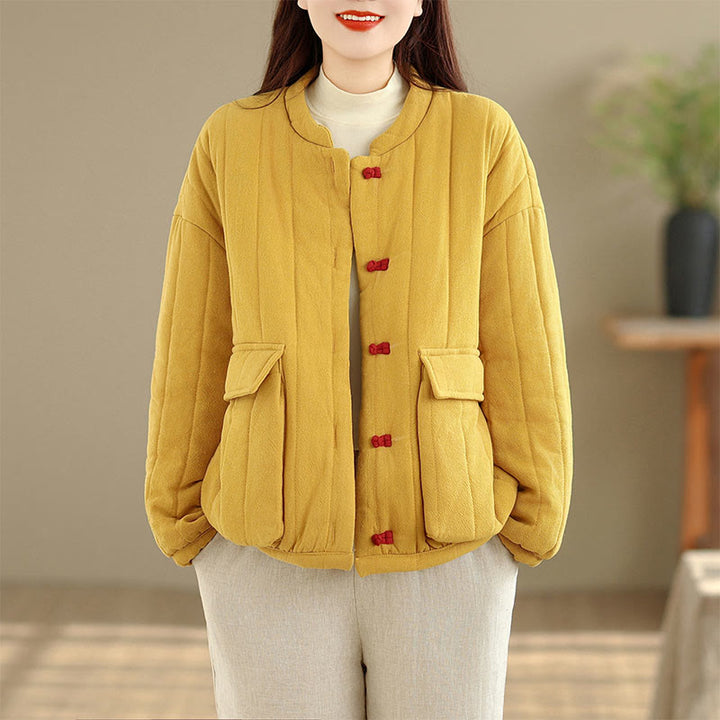 Buddha Stones Frog-Button Striped Design Long Sleeve Thickened Cotton Women's Jacket With Pockets - Gold - US12，UK/AU16，EU44 (2XL) - image 7