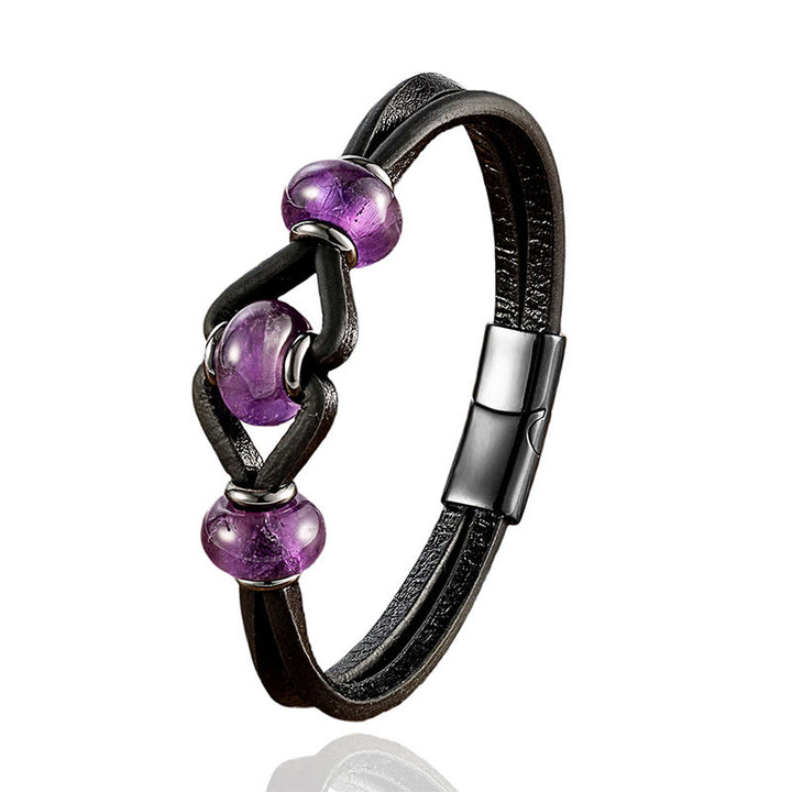 Buddha Stones Amethyst Crystal Stone Double Leather Relieves Stress Round Bracelet - image 1