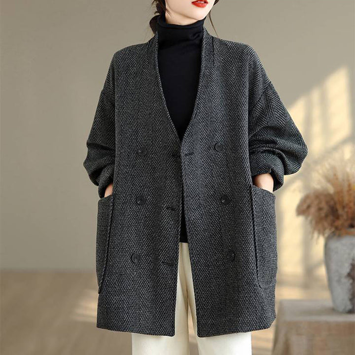 Buddha Stones Stripe V-Neck Cotton Long Sleeve Women's Coat With Pockets - image 1