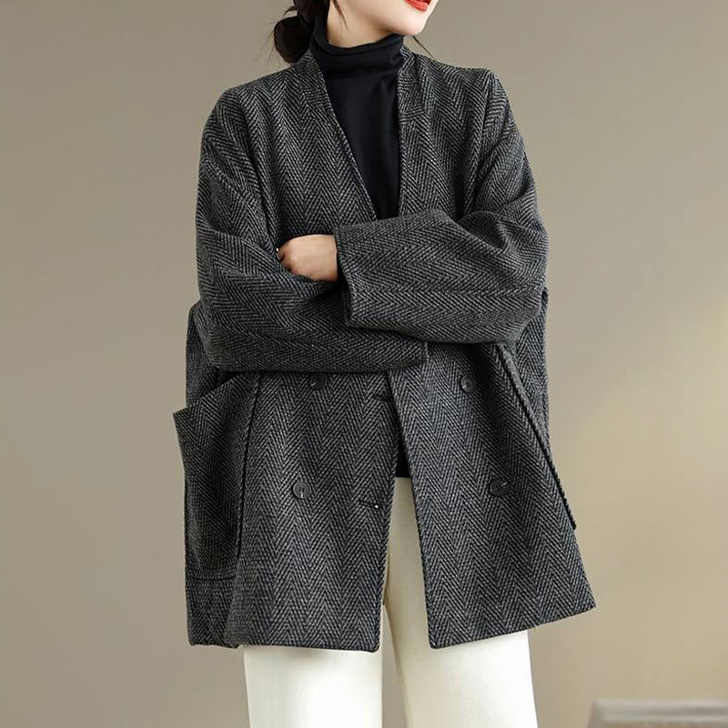 Buddha Stones Stripe V-Neck Cotton Long Sleeve Women's Coat With Pockets - image 3