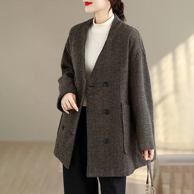 Buddha Stones Stripe V-Neck Cotton Long Sleeve Women's Coat With Pockets - image 14