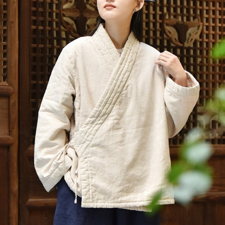 Buddha Stones Slanted Collar Plain Long Sleeve Thickened Cotton Women's Jacket  - image 2