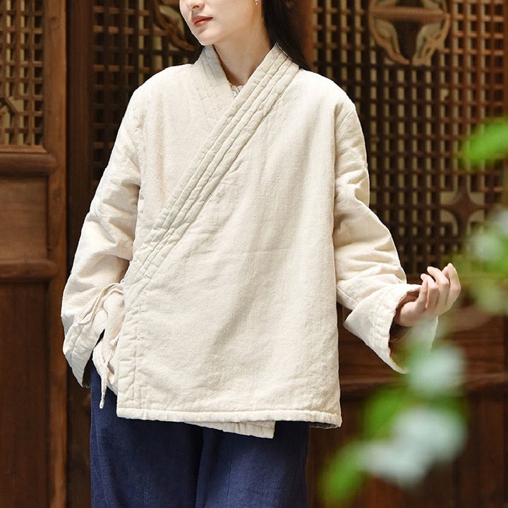 Buddha Stones Slanted Collar Plain Long Sleeve Thickened Cotton Women's Jacket  - Snow - US8-10，UK/AU12-14，EU40-42 (2XL) - image 0