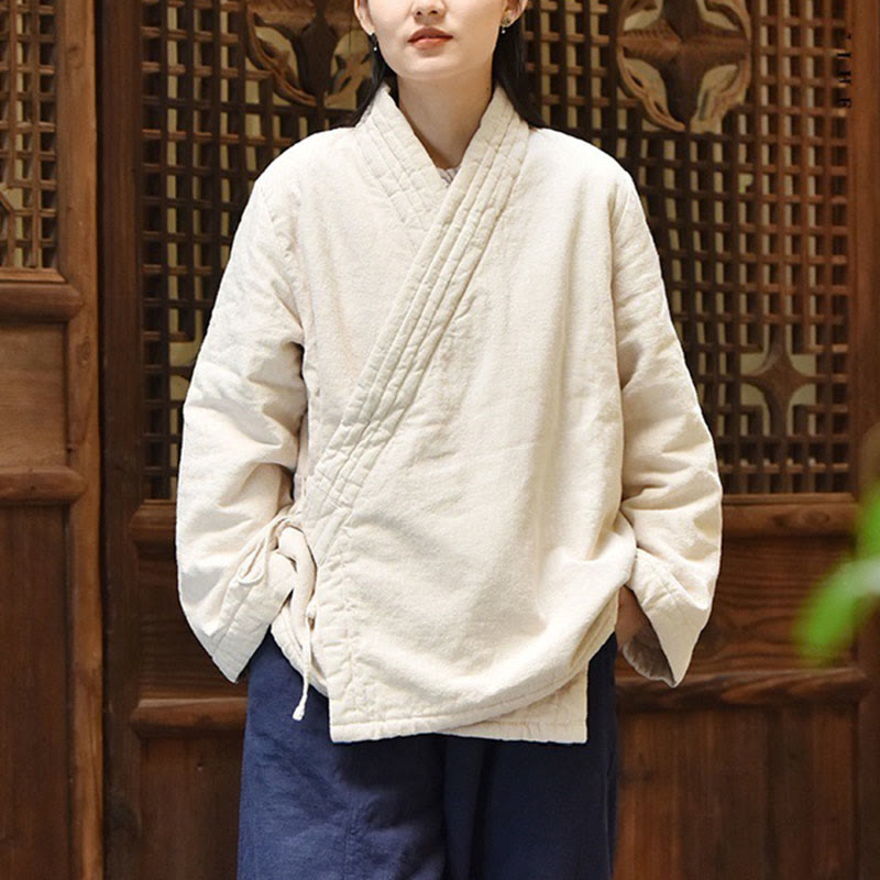 Buddha Stones Slanted Collar Plain Long Sleeve Thickened Cotton Women's Jacket  - image 1