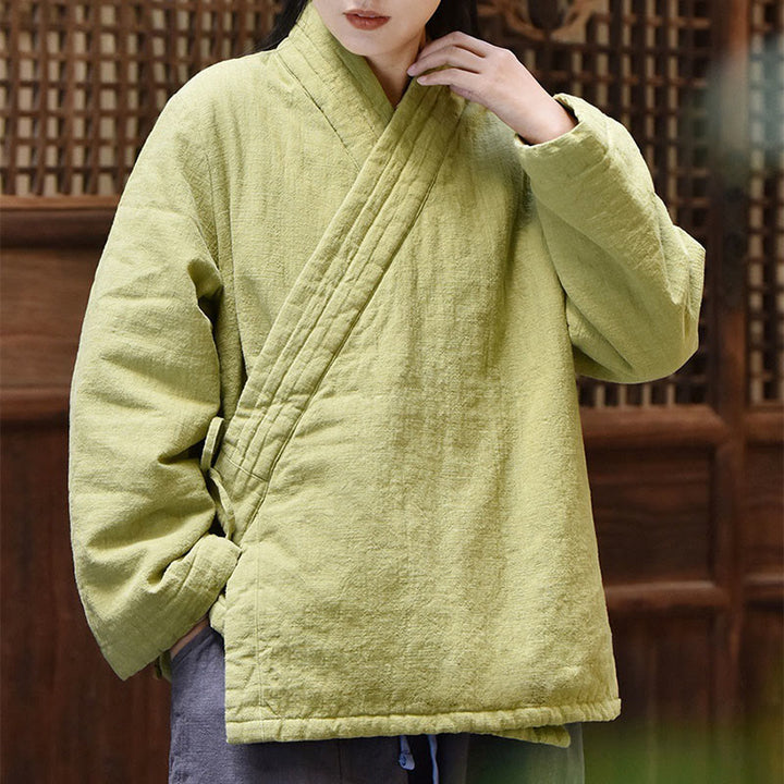 Buddha Stones Slanted Collar Plain Long Sleeve Thickened Cotton Women's Jacket  - image 6