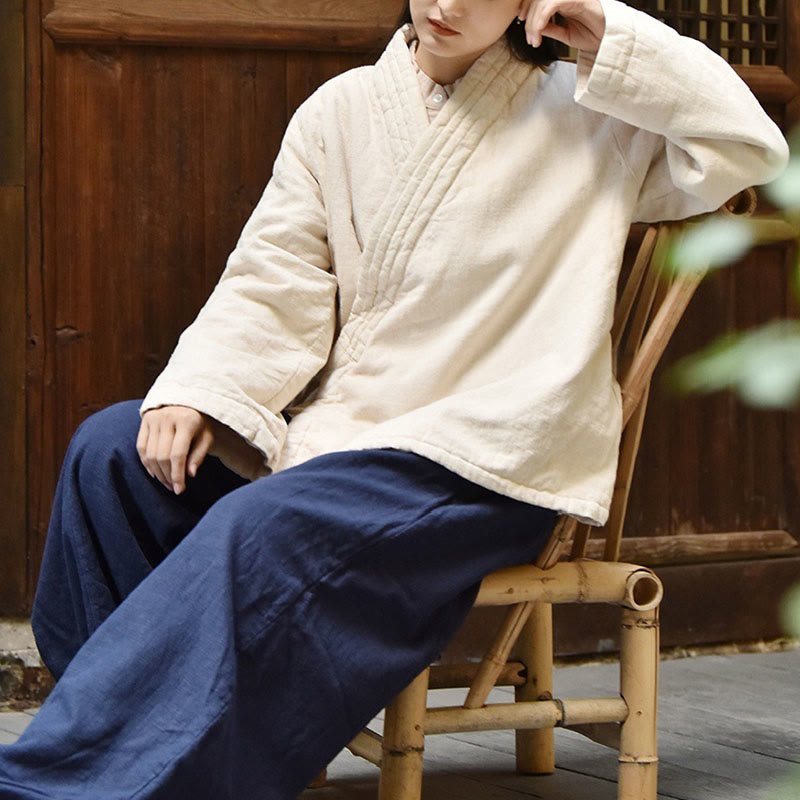 Buddha Stones Slanted Collar Plain Long Sleeve Thickened Cotton Women's Jacket  - image 3