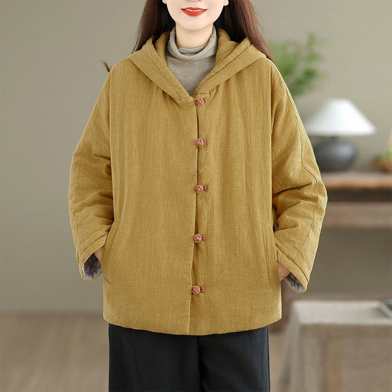 Buddha Stones Frog-button Plain Long Sleeve Thickened Cotton Women's Jacket With Pockets Hood - image 1