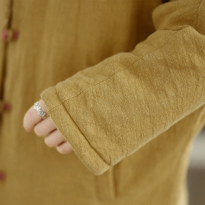 Buddha Stones Frog-button Plain Long Sleeve Thickened Cotton Women's Jacket With Pockets Hood - image 8