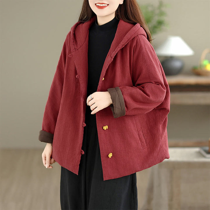 Buddha Stones Frog-button Plain Long Sleeve Thickened Cotton Women's Jacket With Pockets Hood - FireBrick - US14，UK/AU18，EU46 (2XL) - image 11