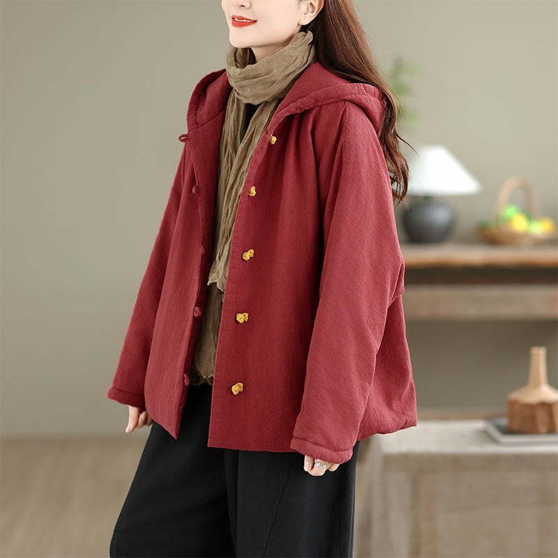 Buddha Stones Frog-button Plain Long Sleeve Thickened Cotton Women's Jacket With Pockets Hood - image 16