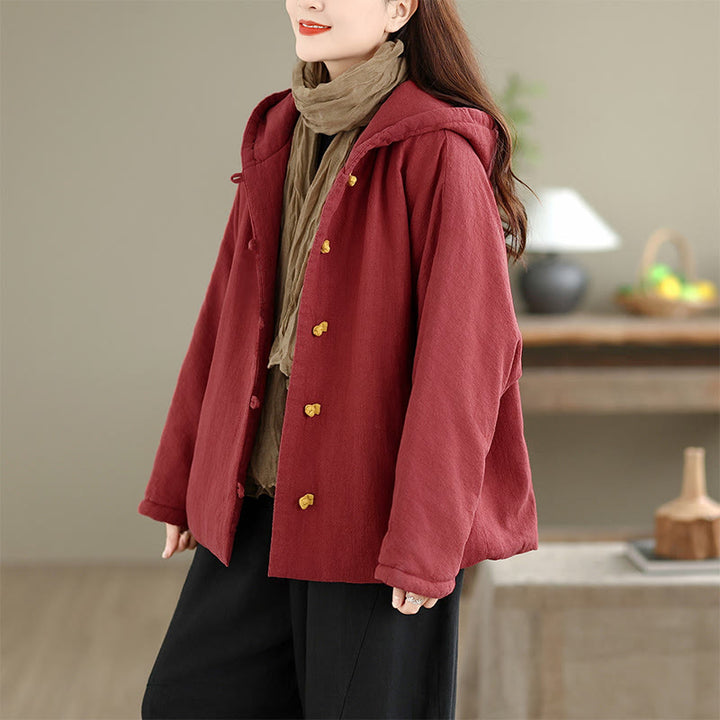 Buddha Stones Frog-button Plain Long Sleeve Thickened Cotton Women's Jacket With Pockets Hood - image 16