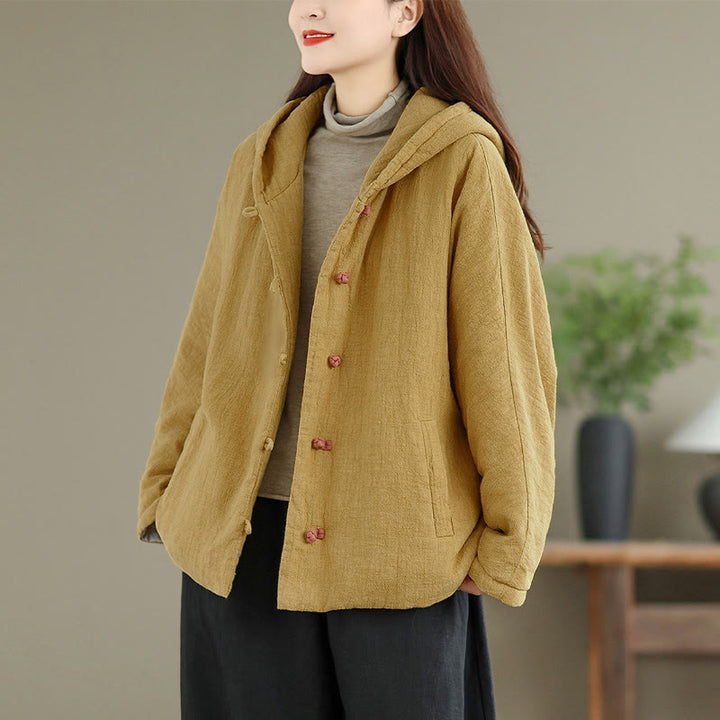 Buddha Stones Frog-button Plain Long Sleeve Thickened Cotton Women's Jacket With Pockets Hood - image 5