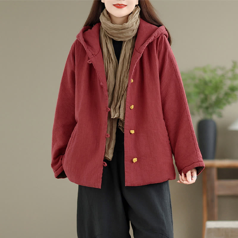 Buddha Stones Frog-button Plain Long Sleeve Thickened Cotton Women's Jacket With Pockets Hood - image 14