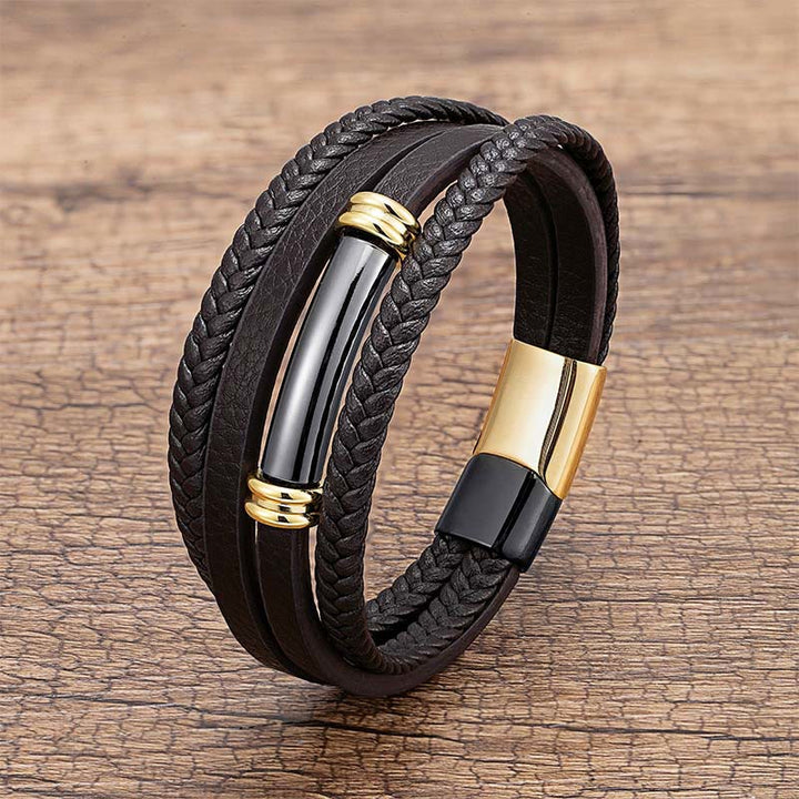 Buddha Stones Multi-layered Simple Design Leather Titanium Steel Balance Bracelet - Black&Gold - 18-22cm - image 6