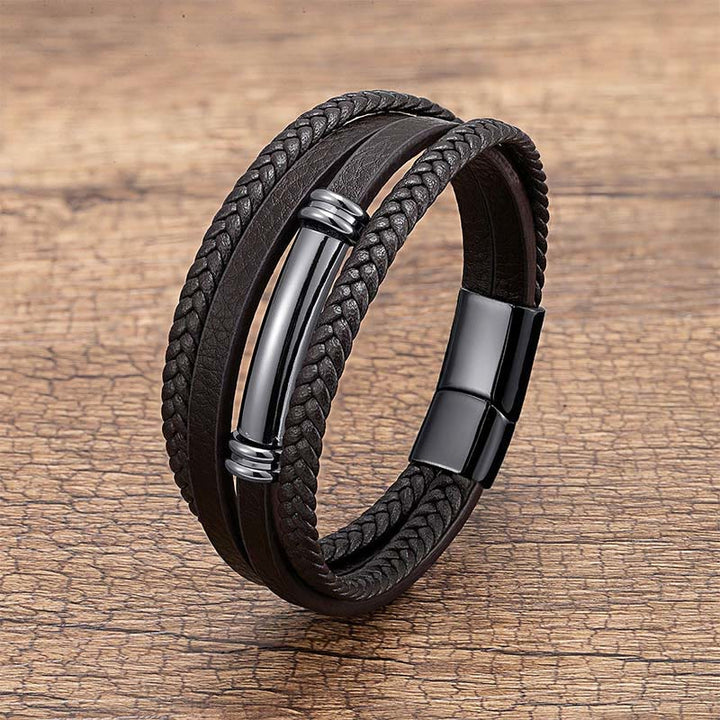 Buddha Stones Multi-layered Simple Design Leather Titanium Steel Balance Bracelet - Black - 18-22cm - image 0