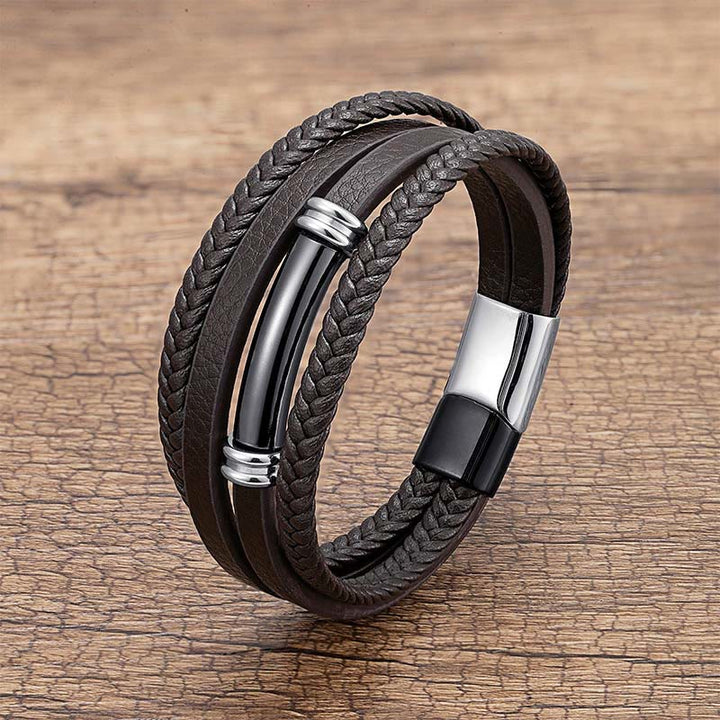 Buddha Stones Multi-layered Simple Design Leather Titanium Steel Balance Bracelet - Black&Silver - 18-22cm - image 9