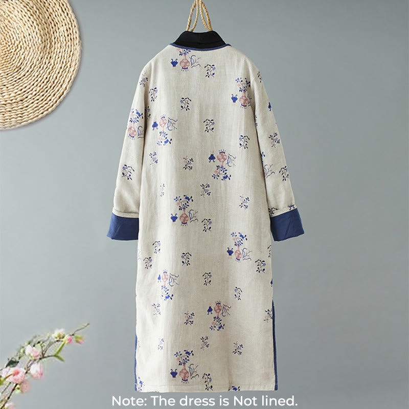 Buddha Stones Slanted Collar Frog-Button Vase Plant Pattern Long Sleeve Crew Neck Cotton Midi Dress - image 1