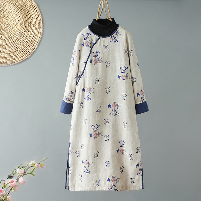 Buddha Stones Slanted Collar Frog-Button Vase Plant Pattern Long Sleeve Crew Neck Cotton Midi Dress - WhiteSmoke - US8-10，UK/AU12-14，EU40-42 (2XL) - image 0