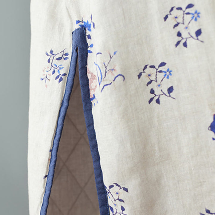 Buddha Stones Slanted Collar Frog-Button Vase Plant Pattern Long Sleeve Crew Neck Cotton Midi Dress - image 5