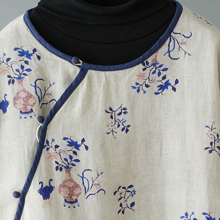 Buddha Stones Slanted Collar Frog-Button Vase Plant Pattern Long Sleeve Crew Neck Cotton Midi Dress - image 2