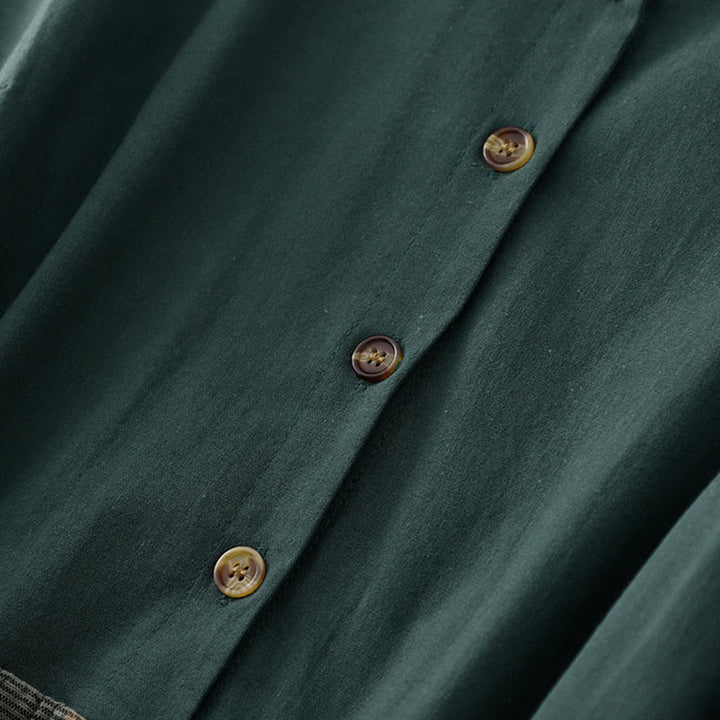 Buddha Stones Lapel Color Blocking Design Long Sleeve Cotton Midi Dress With Pockets - image 4