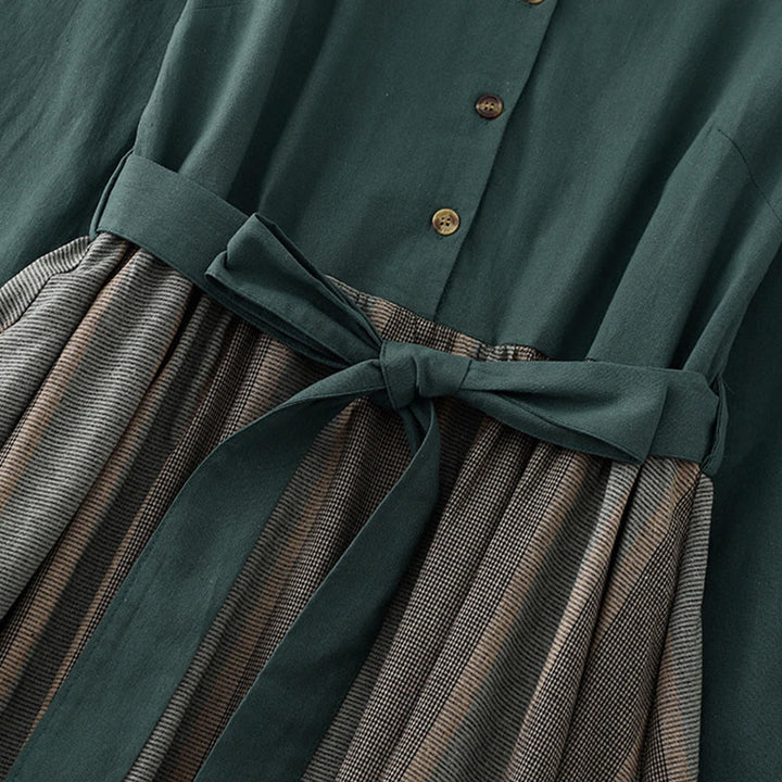 Buddha Stones Lapel Color Blocking Design Long Sleeve Cotton Midi Dress With Pockets - image 2