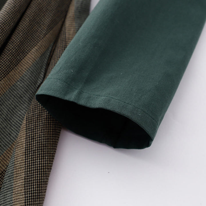 Buddha Stones Lapel Color Blocking Design Long Sleeve Cotton Midi Dress With Pockets - image 5