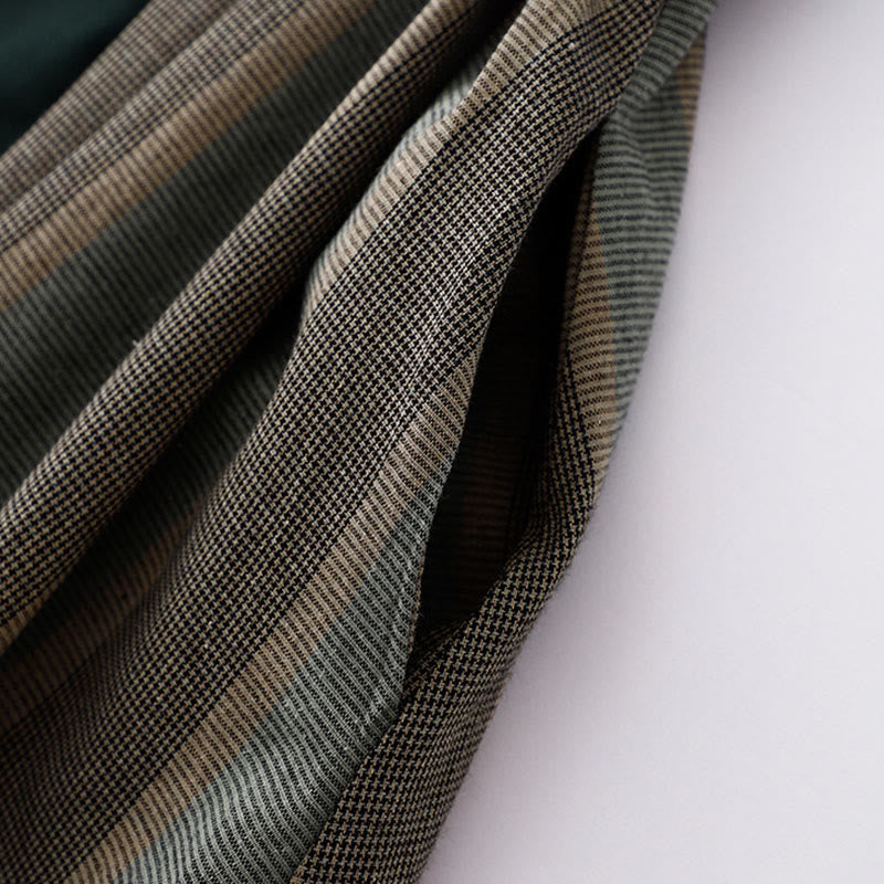 Buddha Stones Lapel Color Blocking Design Long Sleeve Cotton Midi Dress With Pockets - image 10