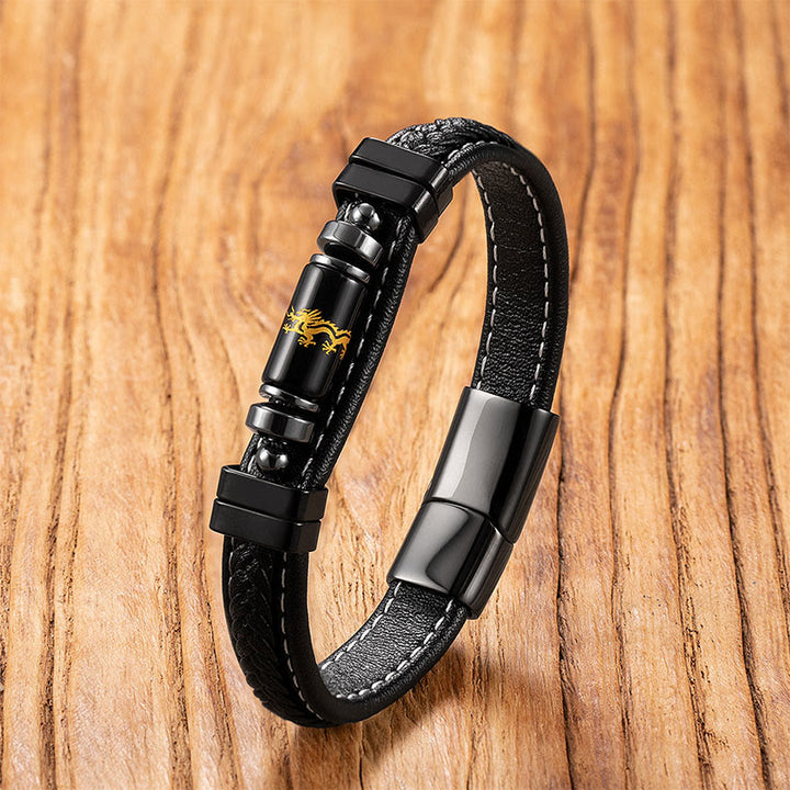 Buddha Stones Om Mani Padme Hum Dragon Symbol Black Onyx Leather Titanium Steel Balance Protection Bracelet - Black Onyx Dragon - 18-22cm - image 7