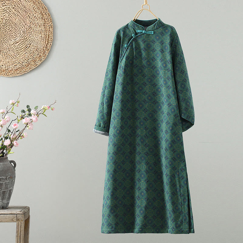Buddha Stones Stand Collar Frog-button Flower Pattern Long Sleeve Midi Dress - DarkGreen - US8-10，UK/AU12-14，EU40-42 (2XL) - image 0