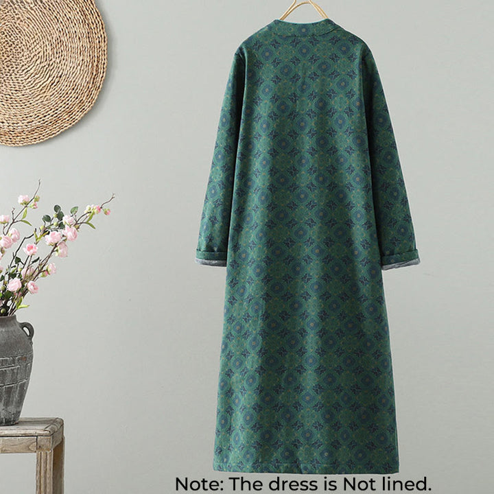 Buddha Stones Stand Collar Frog-button Flower Pattern Long Sleeve Cotton Midi Dress - image 1