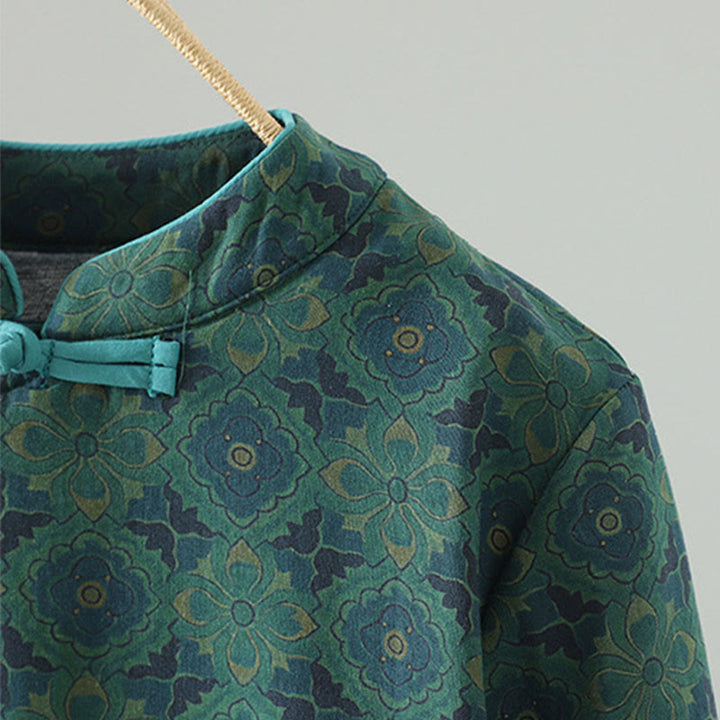 Buddha Stones Stand Collar Frog-button Flower Pattern Long Sleeve Midi Dress - image 5