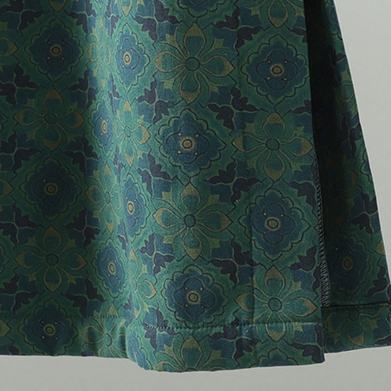 Buddha Stones Stand Collar Frog-button Flower Pattern Long Sleeve Cotton Midi Dress - image 7