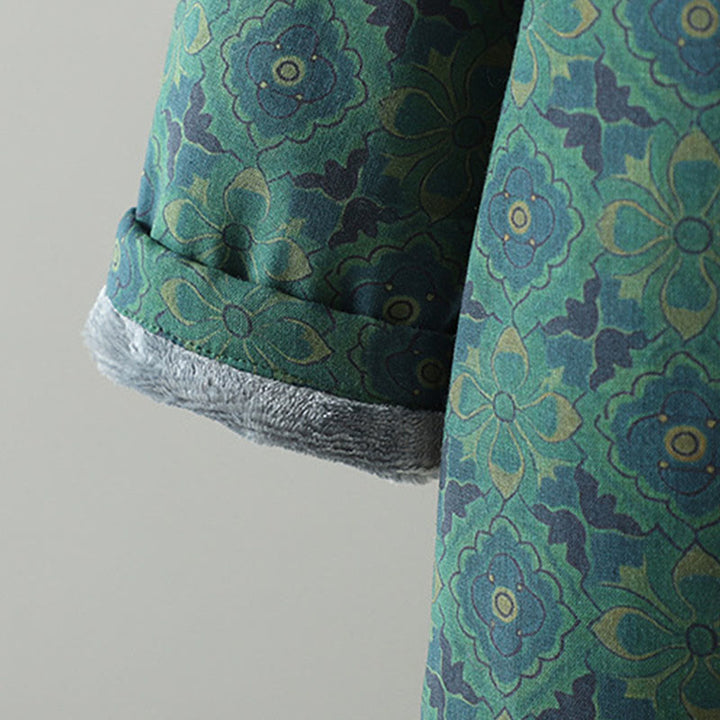 Buddha Stones Stand Collar Frog-button Flower Pattern Long Sleeve Cotton Midi Dress - image 6