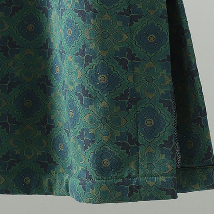 Buddha Stones Stand Collar Frog-button Flower Pattern Long Sleeve Midi Dress - image 7