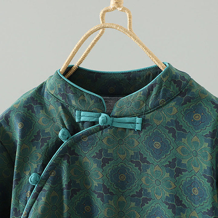 Buddha Stones Stand Collar Frog-button Flower Pattern Long Sleeve Cotton Midi Dress - image 3