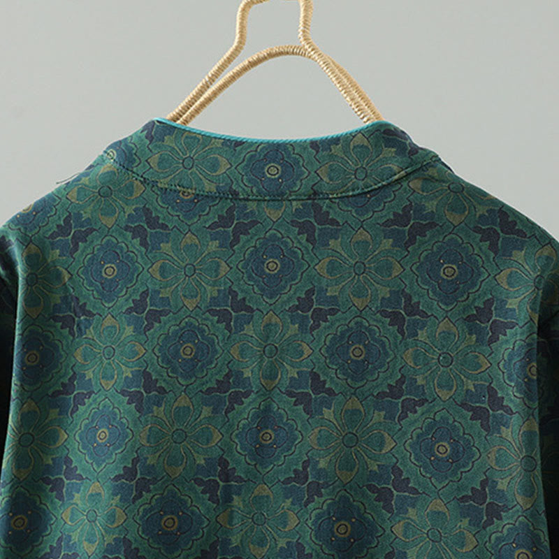 Buddha Stones Stand Collar Frog-button Flower Pattern Long Sleeve Cotton Midi Dress - image 2