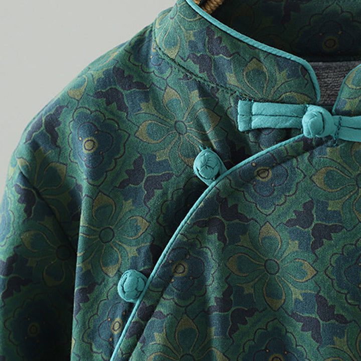 Buddha Stones Stand Collar Frog-button Flower Pattern Long Sleeve Midi Dress - image 4