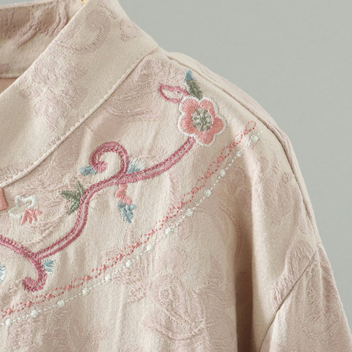 Buddha Stones Stand Collar Frog-Button Flower Pattern Embroidery Design Long Sleeve Cotton Midi Dress - image 3