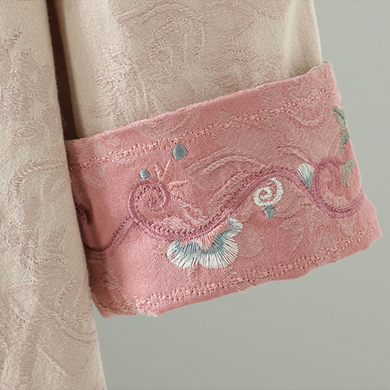 Buddha Stones Stand Collar Frog-Button Flower Pattern Embroidery Design Long Sleeve Cotton Midi Dress - image 5